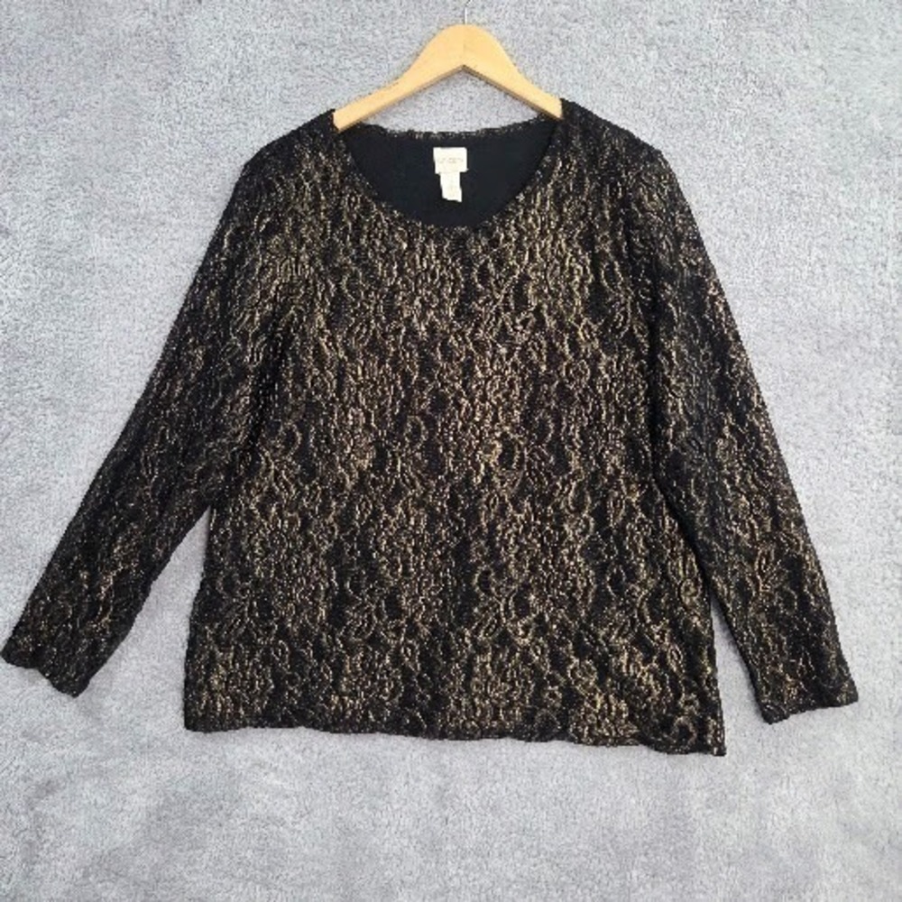 Chico's Pullover Top Womens Large Gold Metallic Floral Lace Sheer Sleeve Festive - Picture 1 of 12